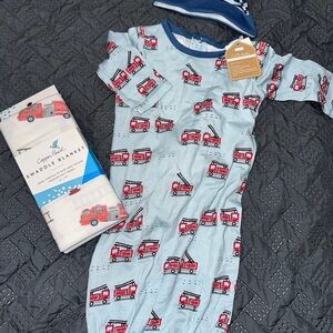 Mud Pie Gown Fire Truck Print & Copper Pearl Swaddle. Perfect for gifting